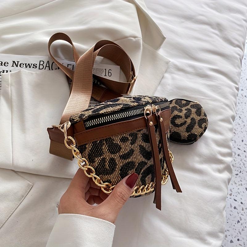 Leopard Print Khaki Chest Bag Coin Bag Zipper Chain Crossbody Waist Bag
