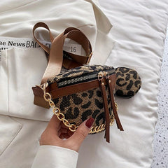 Leopard Print Khaki Chest Bag Coin Bag Zipper Chain Crossbody Waist Bag