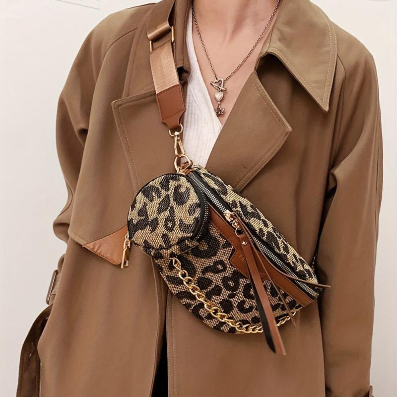 Leopard Print Khaki Chest Bag Coin Bag Zipper Chain Crossbody Waist Bag