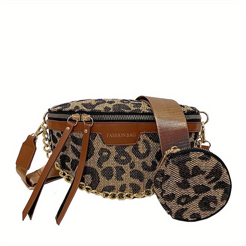 Leopard Print Khaki Chest Bag Coin Bag Zipper Chain Crossbody Waist Bag