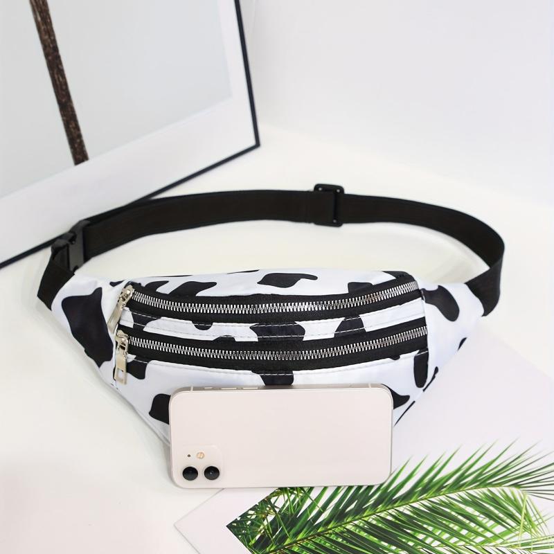 Cow Print Waist Bag Double Zipper Front Chest Bag Canvas Fanny Pack