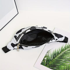 Cow Print Waist Bag Double Zipper Front Chest Bag Canvas Fanny Pack