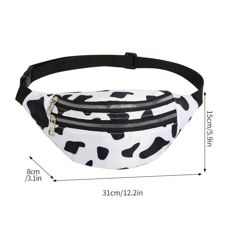 Cow Print Waist Bag Double Zipper Front Chest Bag Canvas Fanny Pack