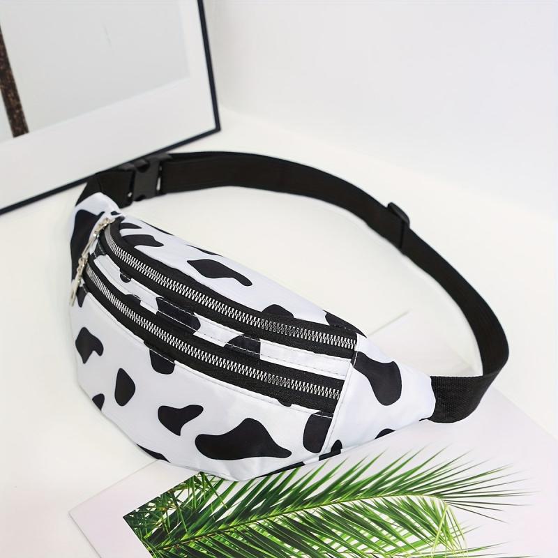 Cow Print Waist Bag Double Zipper Front Chest Bag Canvas Fanny Pack
