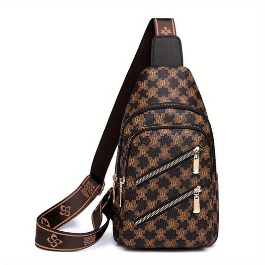 Plaid Pattern Sling Bag Zipper Front Chest Purse