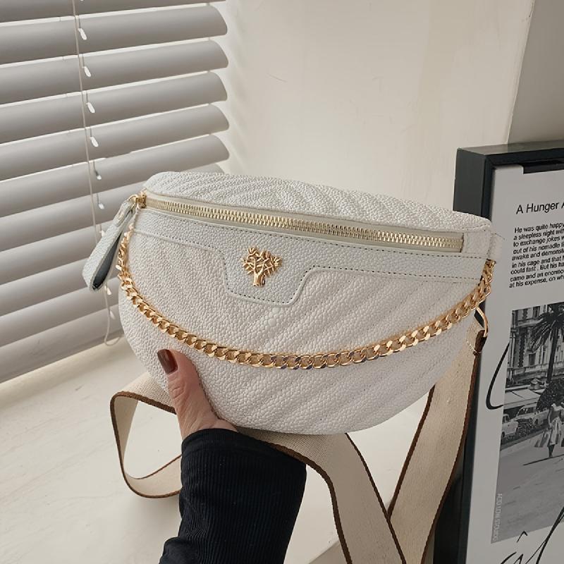 Tree Decor Waist Bag Chain Crossbody Bag Women's PU Leather Chest Purse