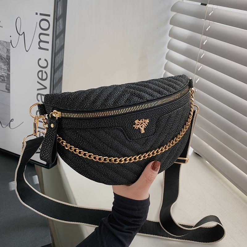 Tree Decor Waist Bag Chain Crossbody Bag Women's PU Leather Chest Purse