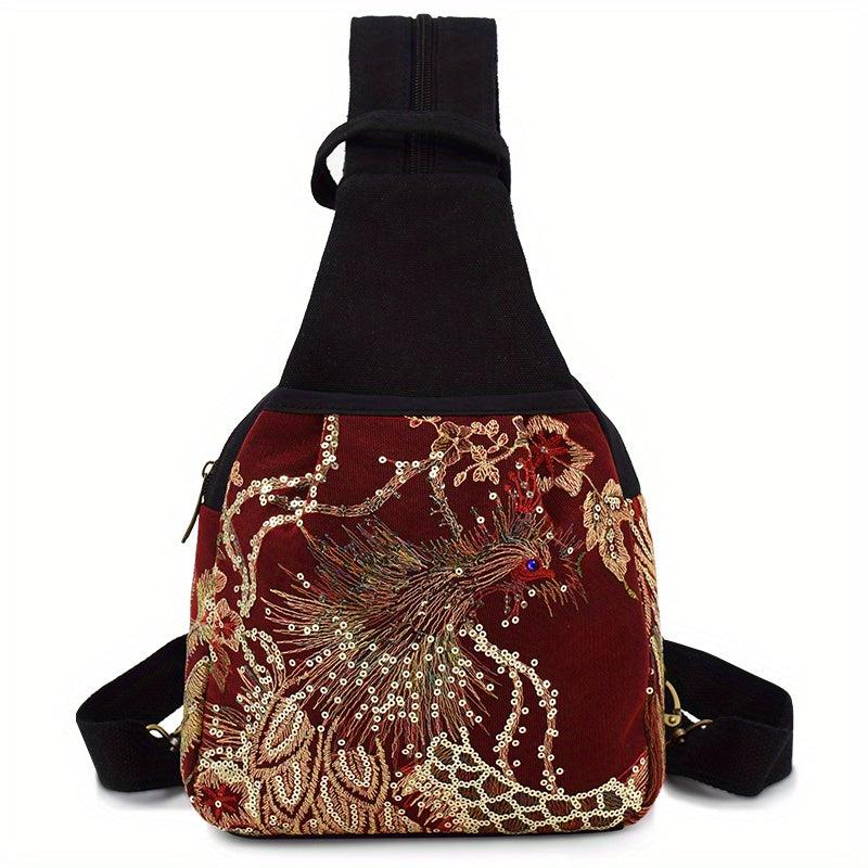 Phoenix Pattern Embroidery Sling Bag Small Canvas Backpack