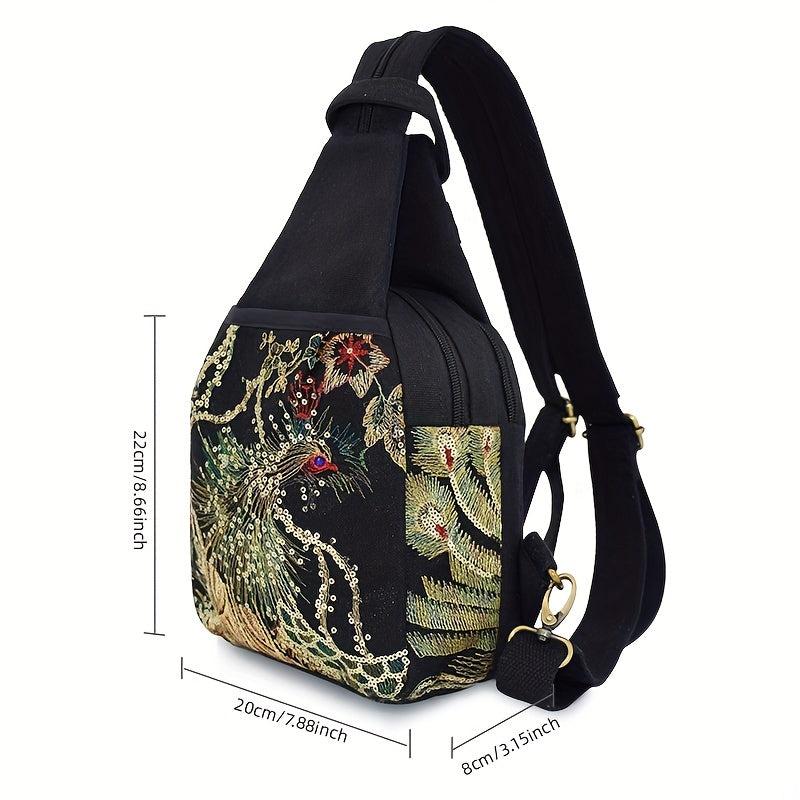 Phoenix Pattern Embroidery Sling Bag Small Canvas Backpack