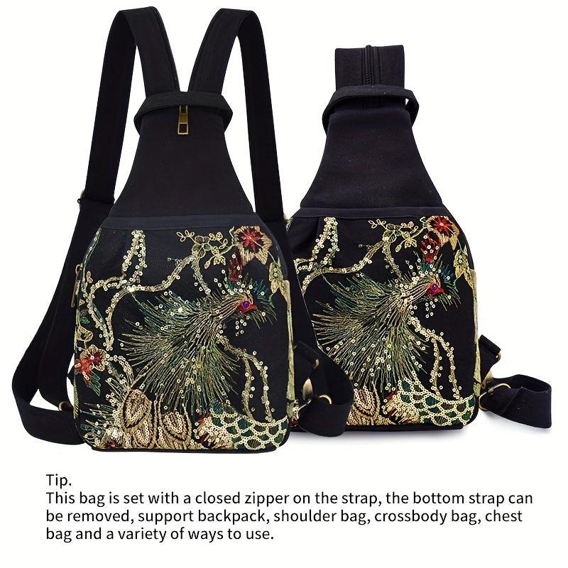 Phoenix Pattern Embroidery Sling Bag Small Canvas Backpack
