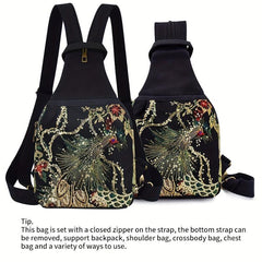 Phoenix Pattern Embroidery Sling Bag Small Canvas Backpack