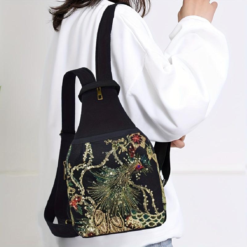 Phoenix Pattern Embroidery Sling Bag Small Canvas Backpack