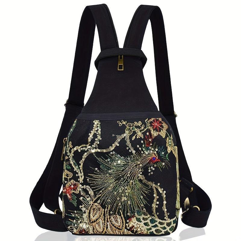 Phoenix Pattern Embroidery Sling Bag Small Canvas Backpack