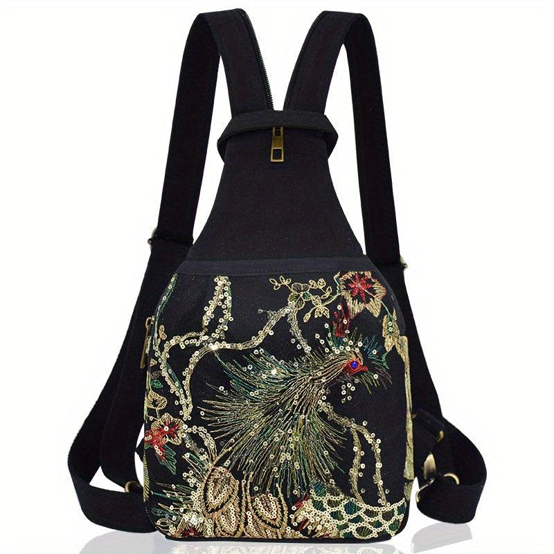 Phoenix Pattern Embroidery Sling Bag Small Canvas Backpack