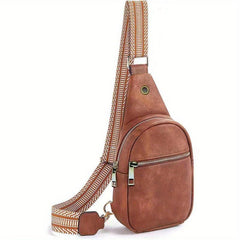 Ethnic Strap Crossbody Bag Faux Leather Chest Bag Zipper Front Sling for Women