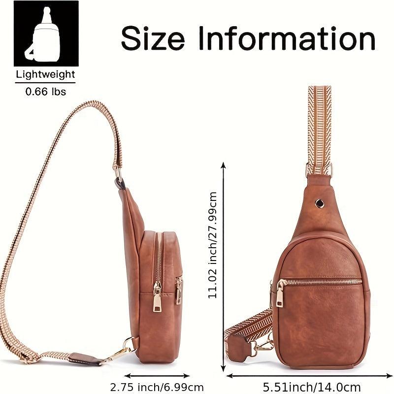 Ethnic Strap Crossbody Bag Faux Leather Chest Bag Zipper Front Sling for Women