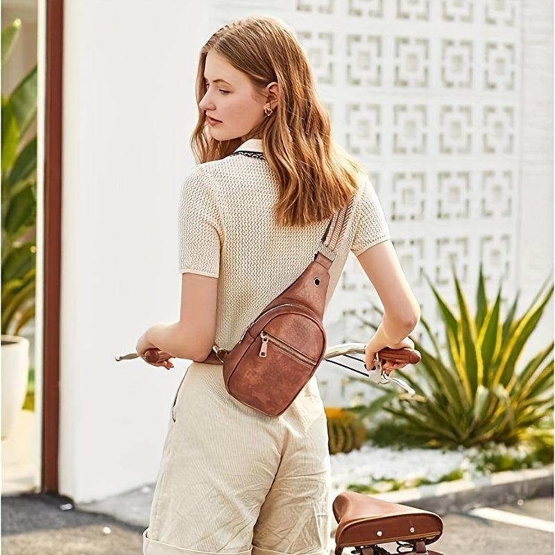 Ethnic Strap Crossbody Bag Faux Leather Chest Bag Zipper Front Sling for Women