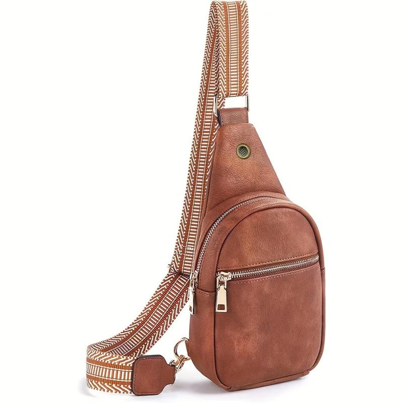 Ethnic Strap Crossbody Bag Faux Leather Chest Bag Zipper Front Sling for Women
