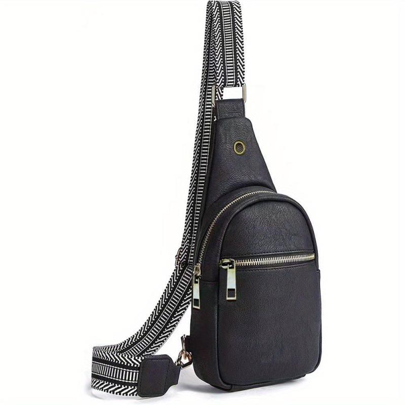 Ethnic Strap Crossbody Bag Faux Leather Chest Bag Zipper Front Sling for Women