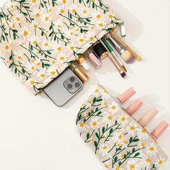 Daisy Flower Embroidered Cosmetic Bag Large Travel Toiletry Storage