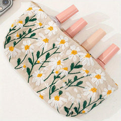 Daisy Flower Embroidered Cosmetic Bag Large Travel Toiletry Storage