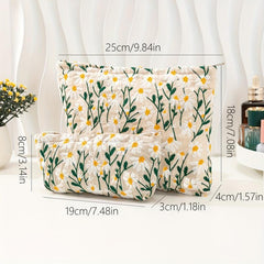 Daisy Flower Embroidered Cosmetic Bag Large Travel Toiletry Storage