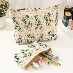 Daisy Flower Embroidered Cosmetic Bag Large Travel Toiletry Storage