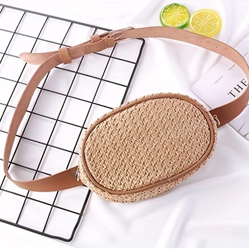 Minimalist Straw Waist Bag Zipper Belt Bag Woven Purse