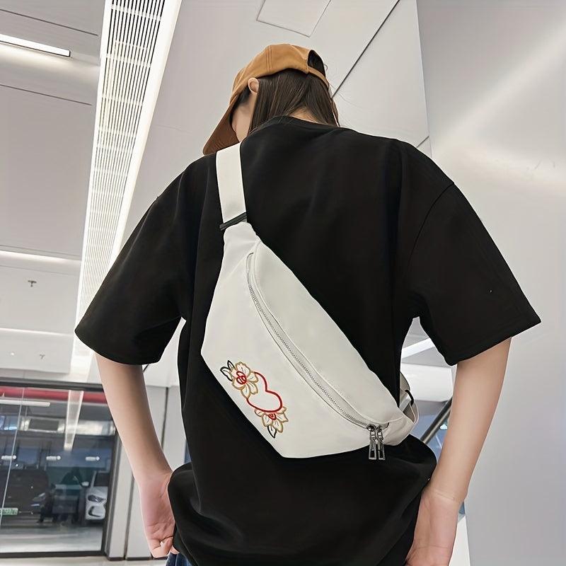 Floral Embroidered Zipper Sling Bag Crossbody Bag Women's Versatile Chest Bag