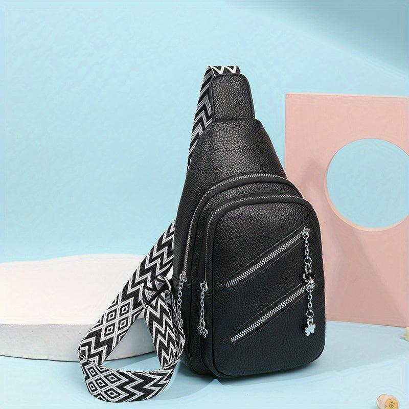 Double Zipper Front Sling Bag Wide Guitar Strap Crossbody Bag