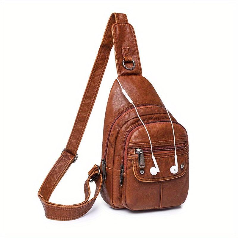 Vintage Multi Pocket Chest Bag Retro PU Leather Crossbody Bag Women's Sling Bag