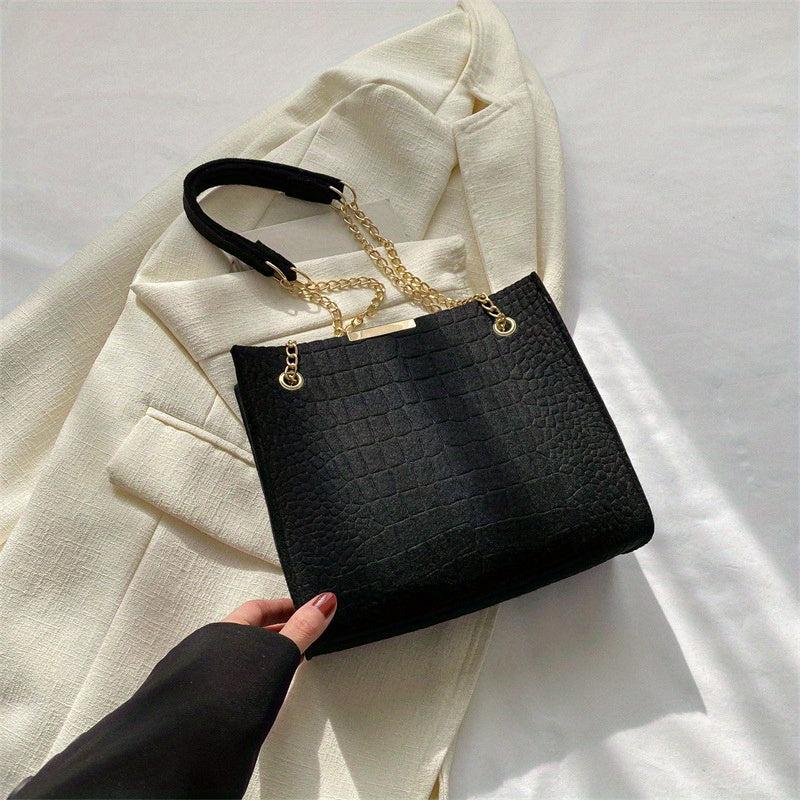 Metal Chain Stone Pattern Tote Bag Non Woven Textured Shoulder Bag
