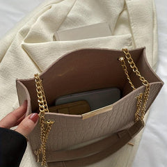 Metal Chain Stone Pattern Tote Bag Non Woven Textured Shoulder Bag