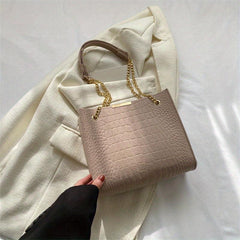 Metal Chain Stone Pattern Tote Bag Non Woven Textured Shoulder Bag