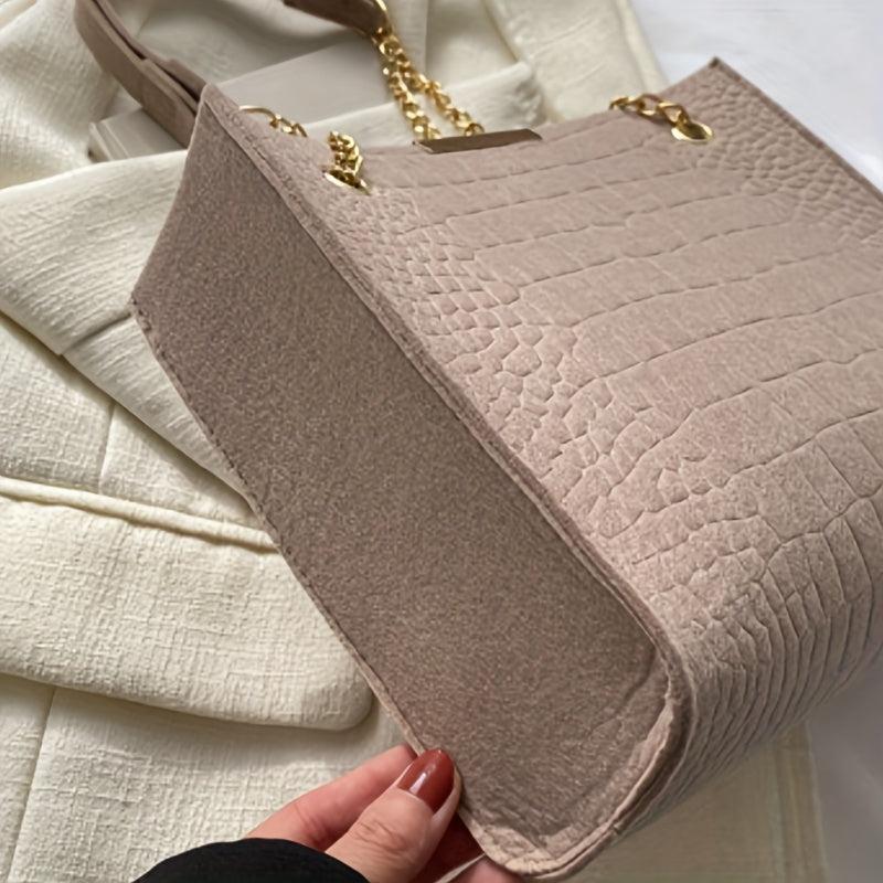 Metal Chain Stone Pattern Tote Bag Non Woven Textured Shoulder Bag
