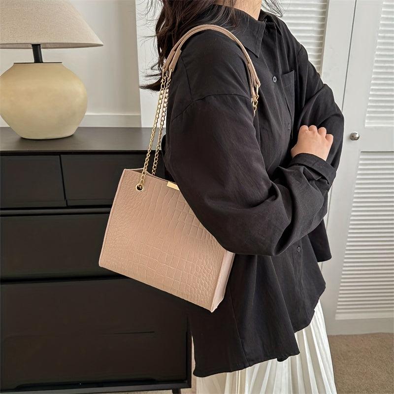 Metal Chain Stone Pattern Tote Bag Non Woven Textured Shoulder Bag