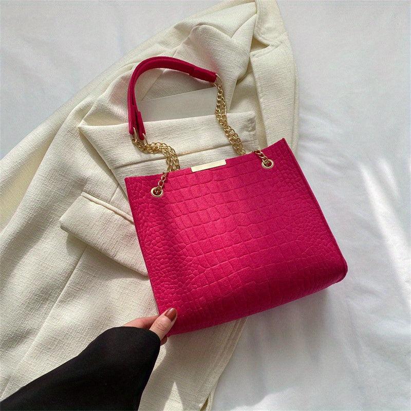 Metal Chain Stone Pattern Tote Bag Non Woven Textured Shoulder Bag