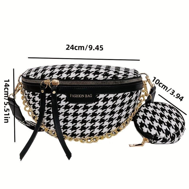 Houndstooth Chain Chest Bag with Round Purse Pendant
