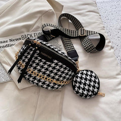 Houndstooth Chain Chest Bag with Round Purse Pendant