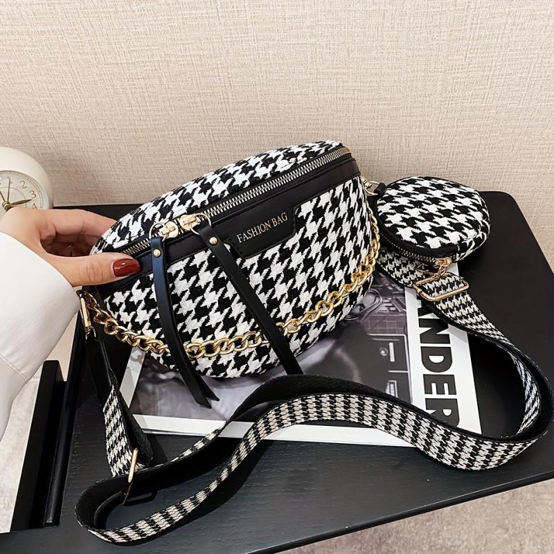 Houndstooth Chain Chest Bag with Round Purse Pendant