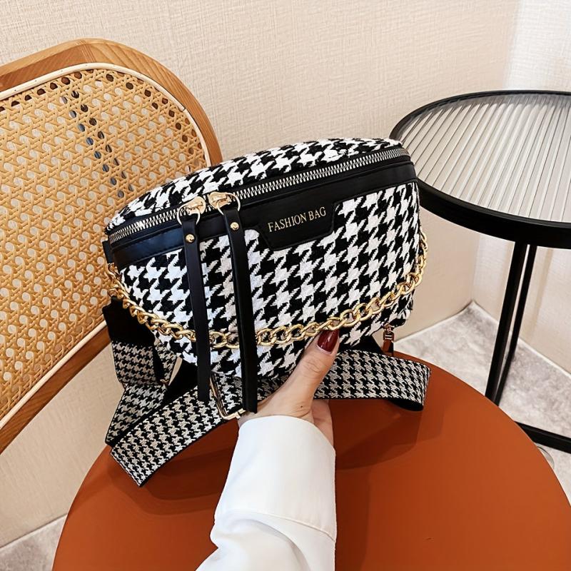 Houndstooth Chain Chest Bag with Round Purse Pendant