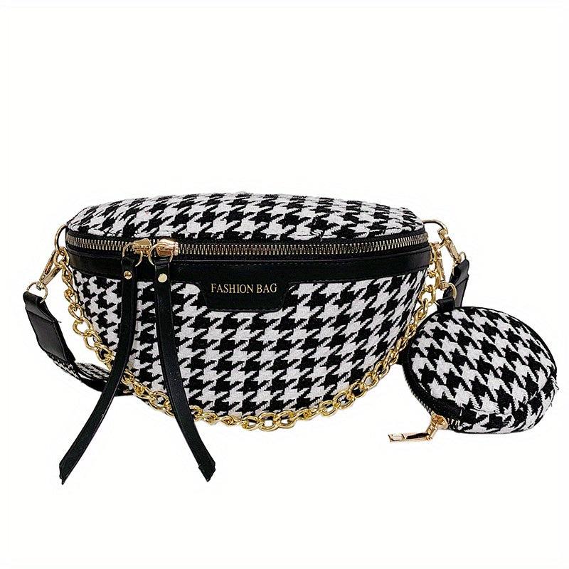 Houndstooth Chain Chest Bag with Round Purse Pendant