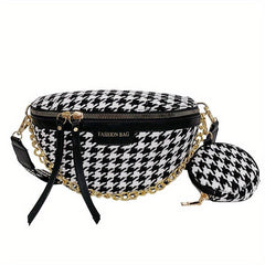 Houndstooth Chain Chest Bag with Round Purse Pendant