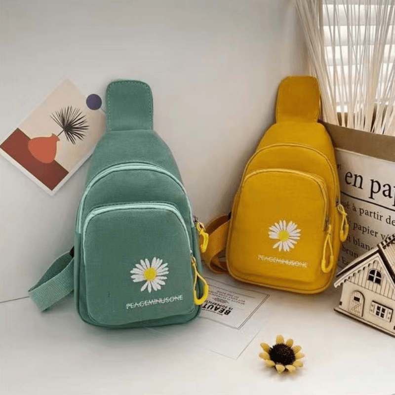 Daisy & Letter Embroidery Sling Bag Casual Chest Bag Zipper Purse