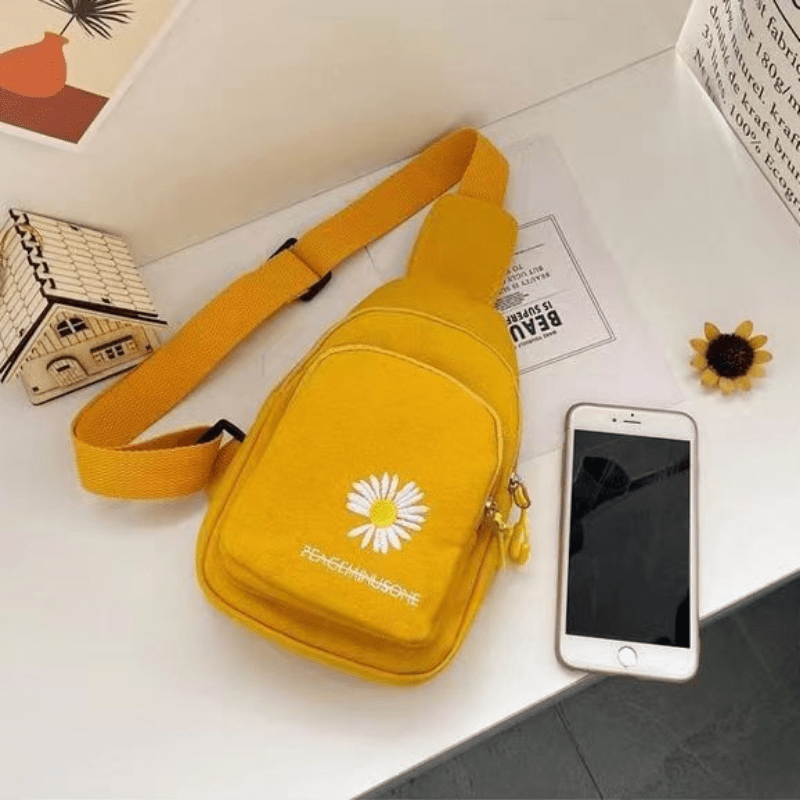 Daisy & Letter Embroidery Sling Bag Casual Chest Bag Zipper Purse