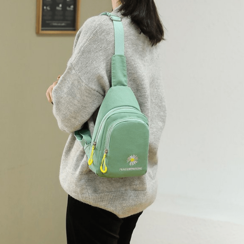 Daisy & Letter Embroidery Sling Bag Casual Chest Bag Zipper Purse