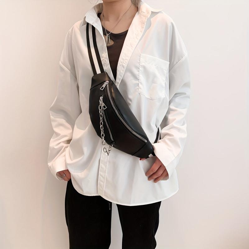 Faux Leather Chain Waist Bag Crossbody Casual Chest Bag