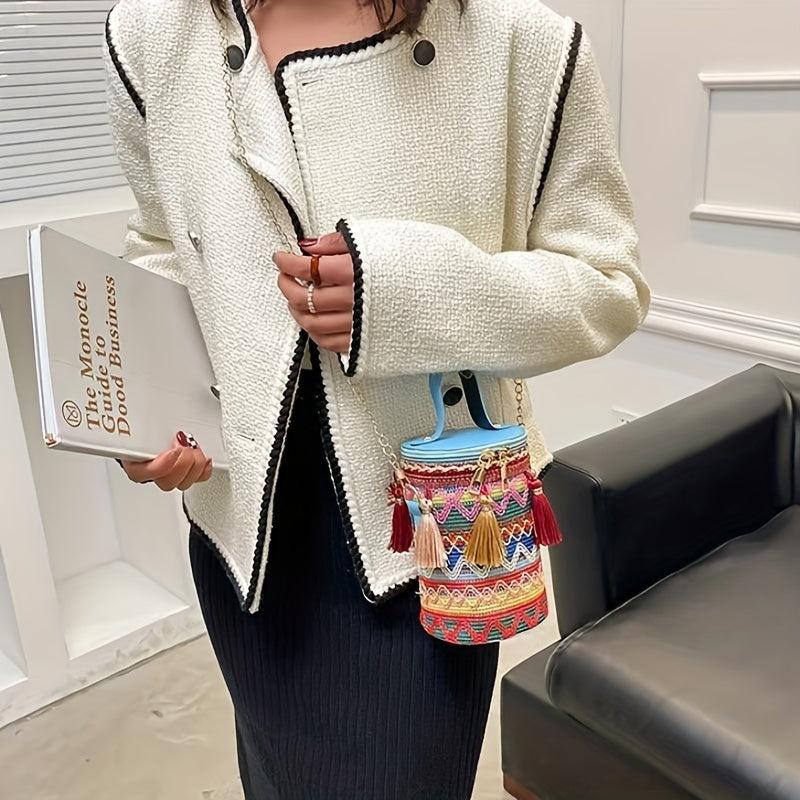 Colorful Stripes Tassel Mini Shoulder Bag Ethnic Style