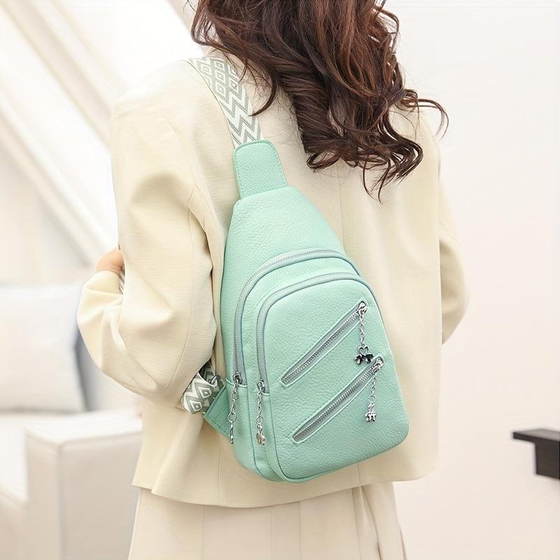 Double Zipper Front Sling Bag Pockets Chest Purses Faux Leather Crossbody Bag