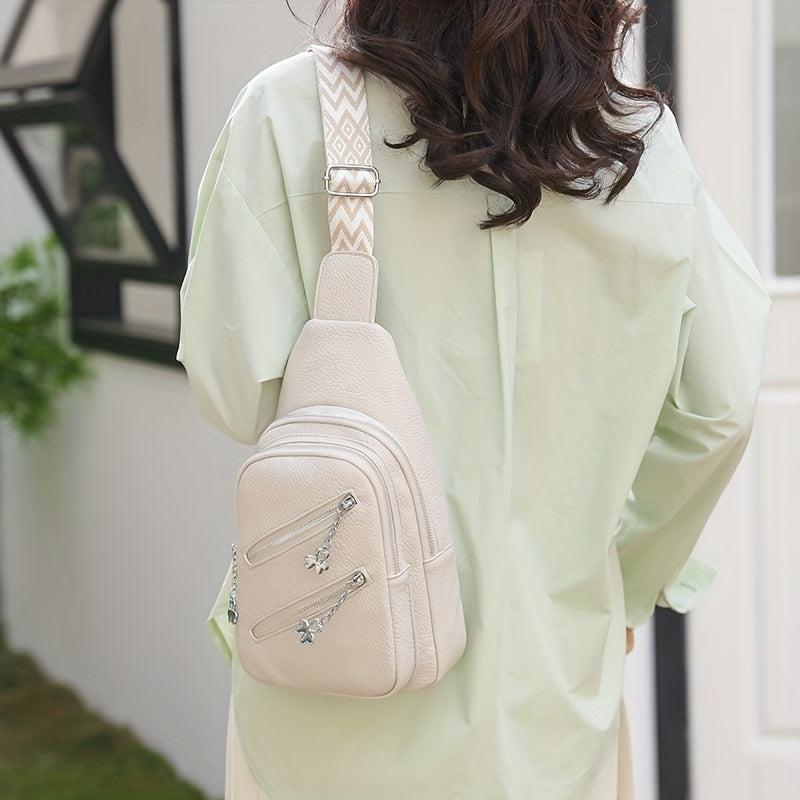 Double Zipper Front Sling Bag Pockets Chest Purses Faux Leather Crossbody Bag